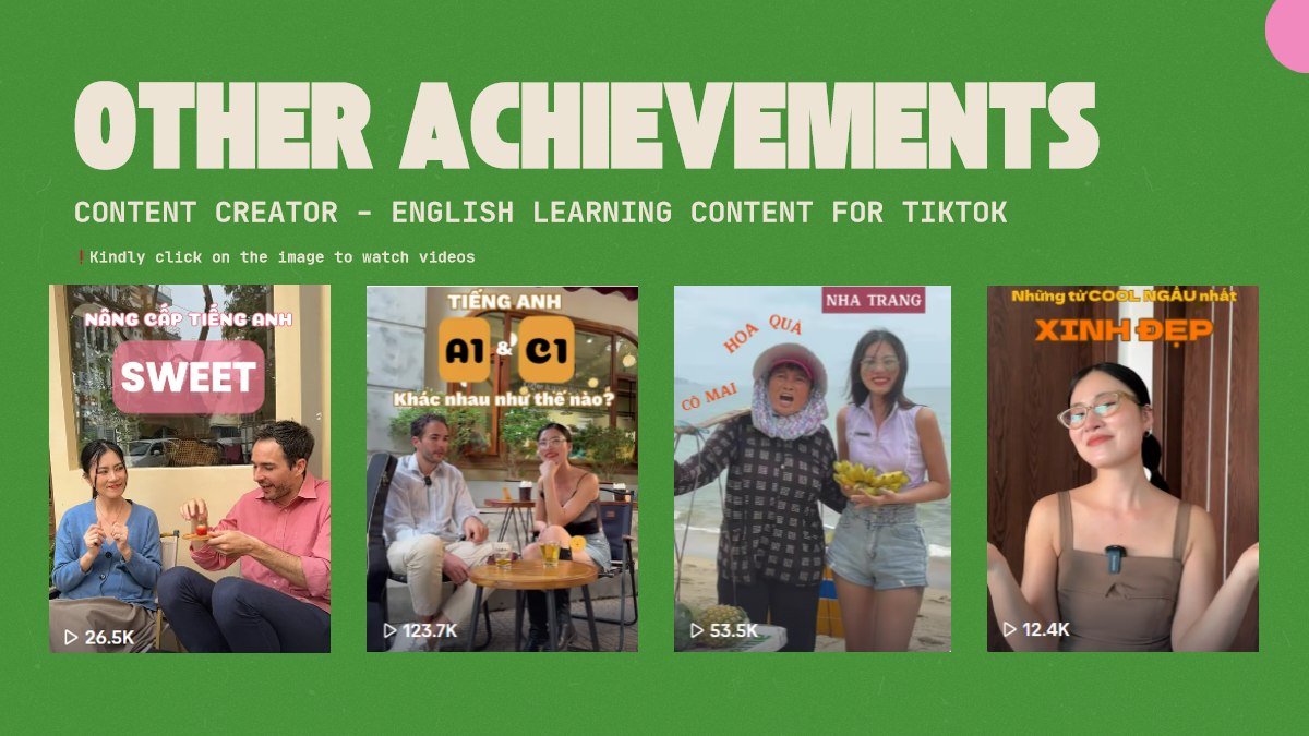 English-learning TikTok achievement page from the portfolio PDF